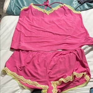Vibrant Pink Sleepwear Set with Yellow Lace Trim